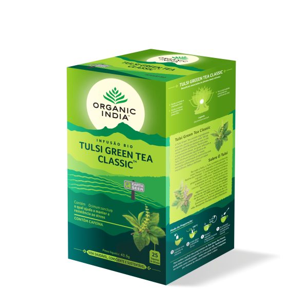 Infusao Bio Tulsi Green Tea Classic Organic India 25 saq antioxidante