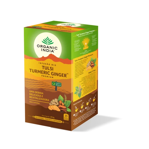Infusao Bio Tulsi Turmeric Ginger Organic India 25 saquetas imunidade detox