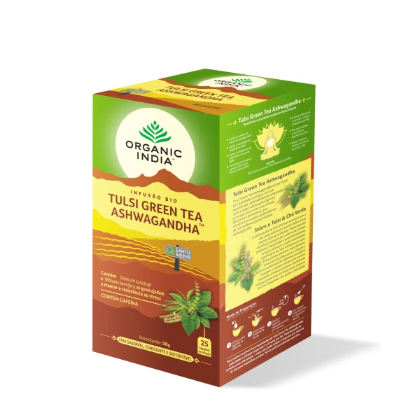 Infusao Bio Tulsi Green tea Ashwagandha Organic India 25 saq