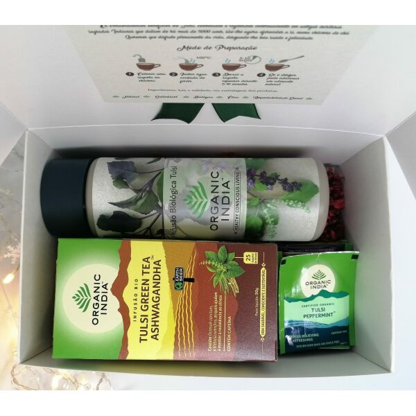 Caixa de Natal Tulsi Green Tea Ashwagandha Organic India com Termos