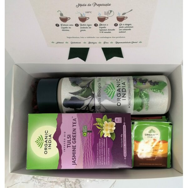 Caixa de Natal Tulsi Jasmine Green Tea Organic India com Termos