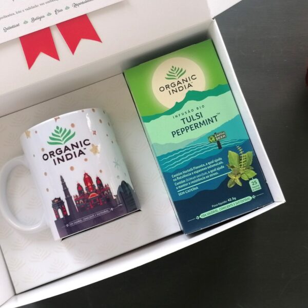 Presente Natal Infusao Tulsi Organic India com caneca Peppermint