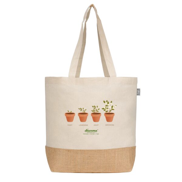 saco algodao reciclado keep learning keep growing com logo dharma botanicals