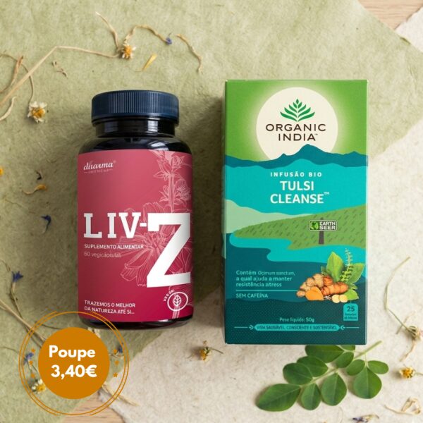 Os seus essenciais em pack - Liv Z Dharma Botanicals e Tulsi Cleanse Organic India Figado leve