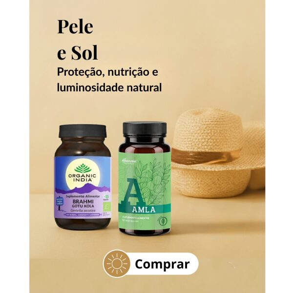 Protocolo de verao Pele e Sol com Amla Dharma Botanicals e Brahmi Gou Kola Organic India Antioxidante